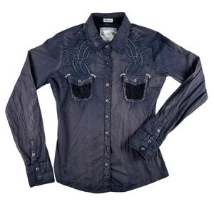 Vintage Roar Shirt Womens Medium Embroidered Rhinestone Western Button Front Top
